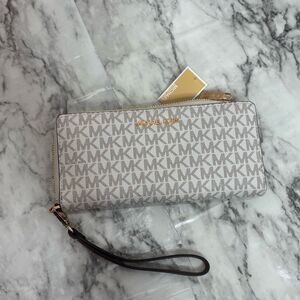 Michael Kors Large Continental Wallet Wristlet Leather white grey MK logo NWT